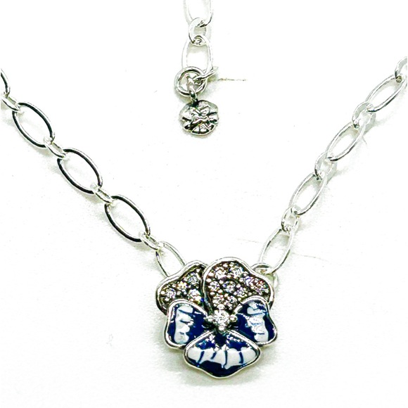 NWOT Sterling Silver, blue pansy necklace 16"to  18" Long. - Picture 4 of 12